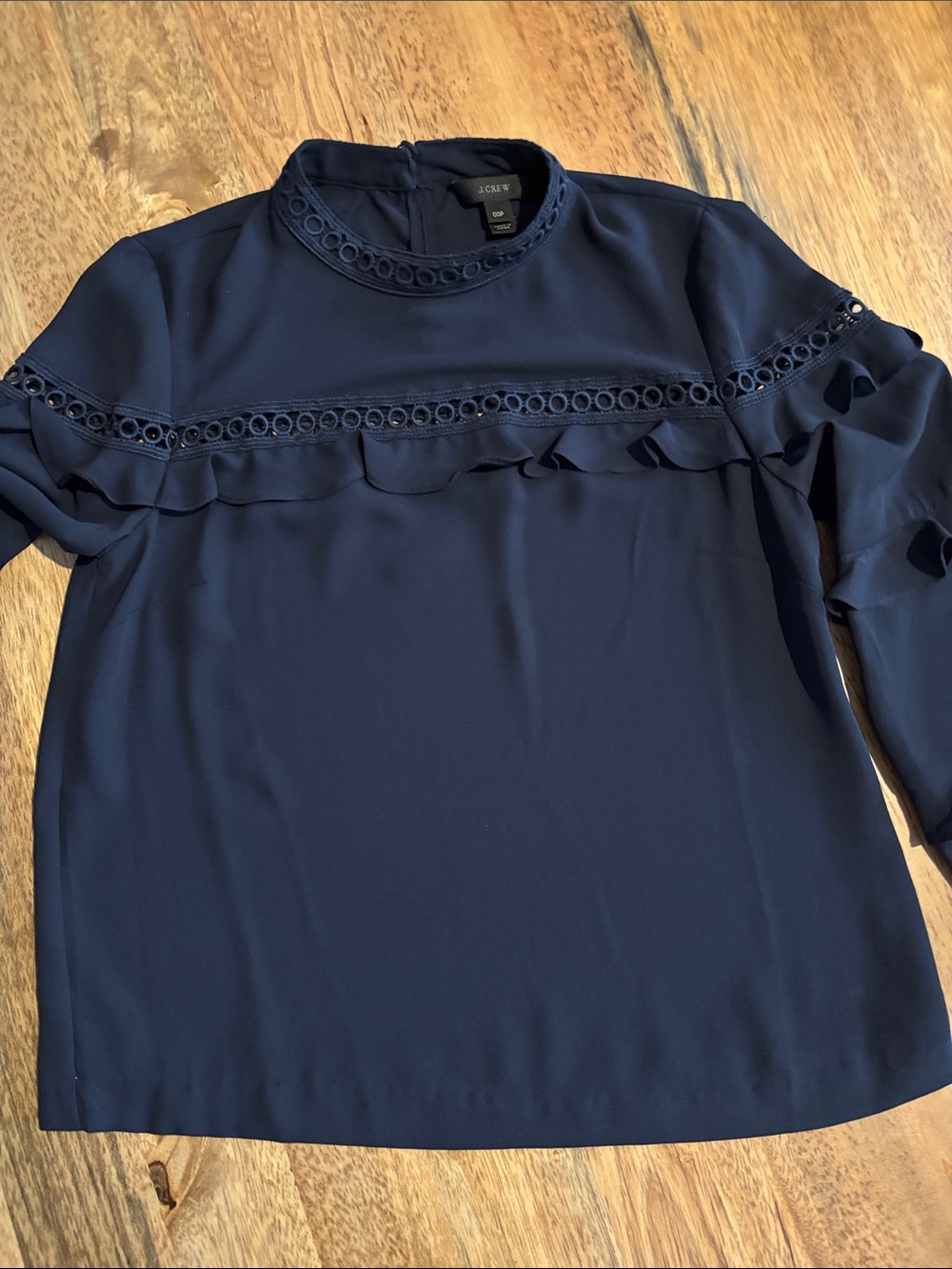 J. Crew Navy Eyelet & Ruffle Mock Neck Blouse